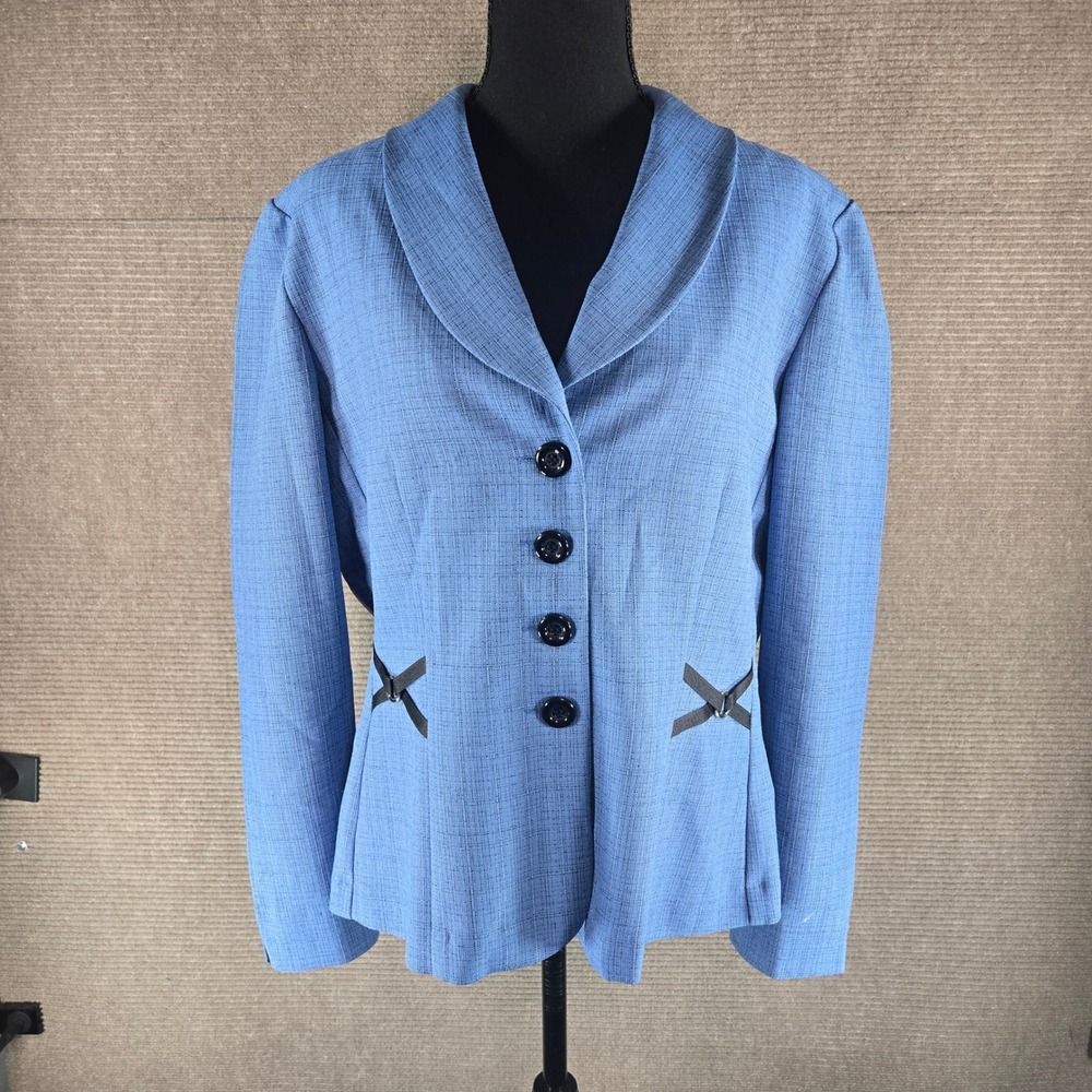 Perceptions Womens 16 Blue Textured Shawl Collar Ribbon Accent Blazer Jacket